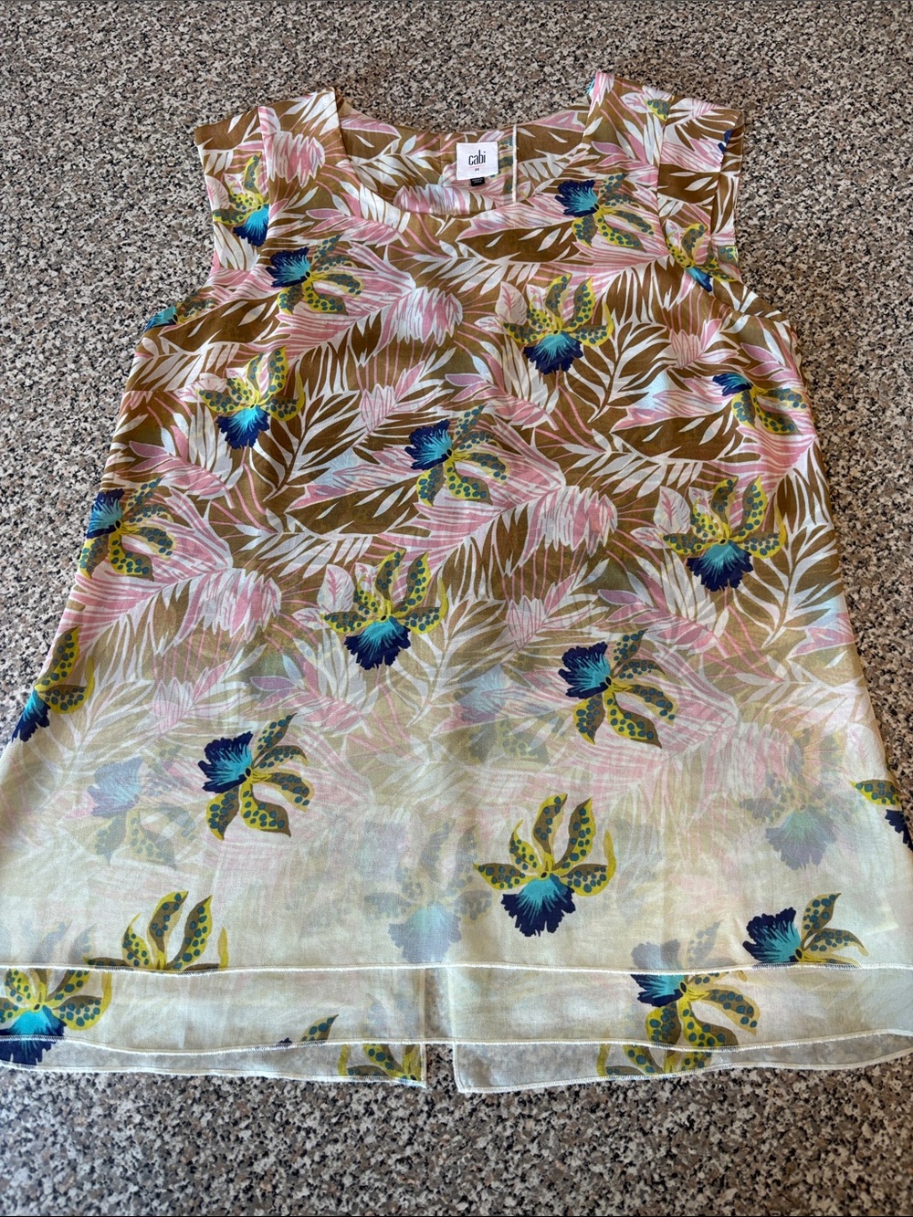 CAbi Tropical Floral Sleeveless Top in Pink, Olive & Blue